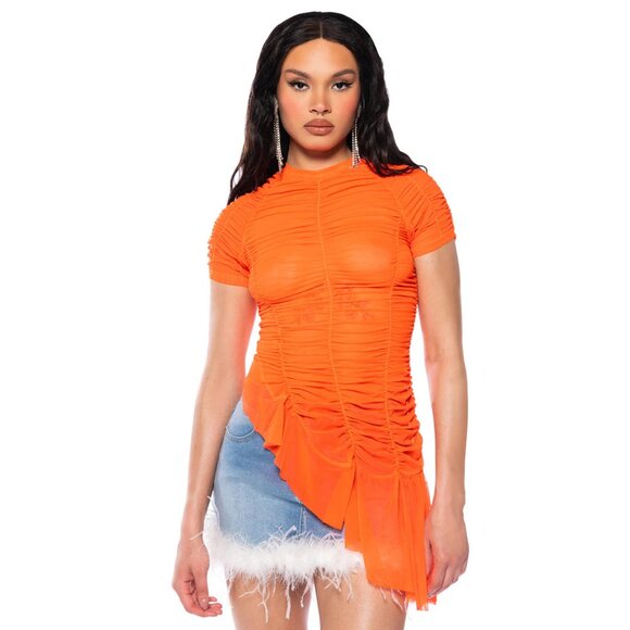 AKIRA Rory Ruched Mesh Asymmetrical Short Sleeve T-shirt Orange Womens Large Y2K - Picture 12 of 14